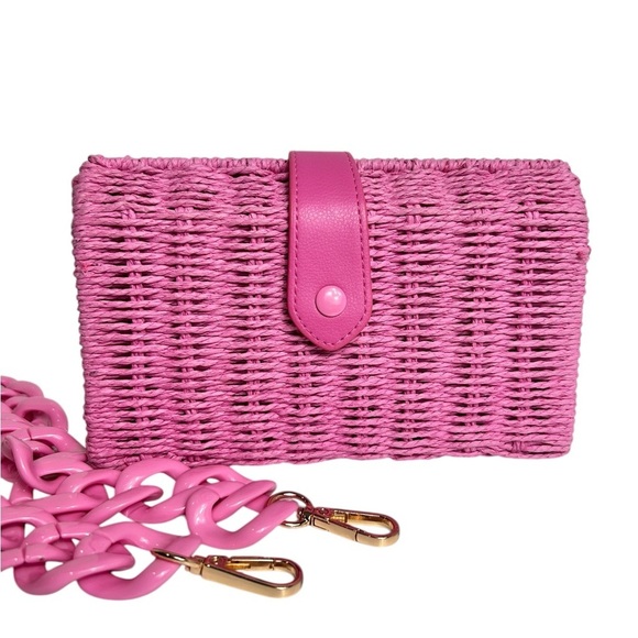 A New Day pink straw woven handbag, 2 strap styles, clutch, Like NEW Summer - Picture 3 of 13